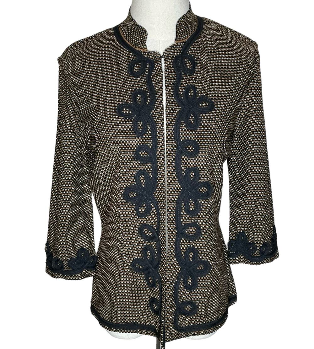 Ming Wang Size Small Jacket Textured Black and Brown Soutache Accents Classic